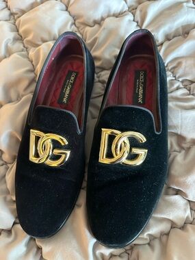 Dolce & Gabbana Black Velvet Loafers with Gold DG Logo